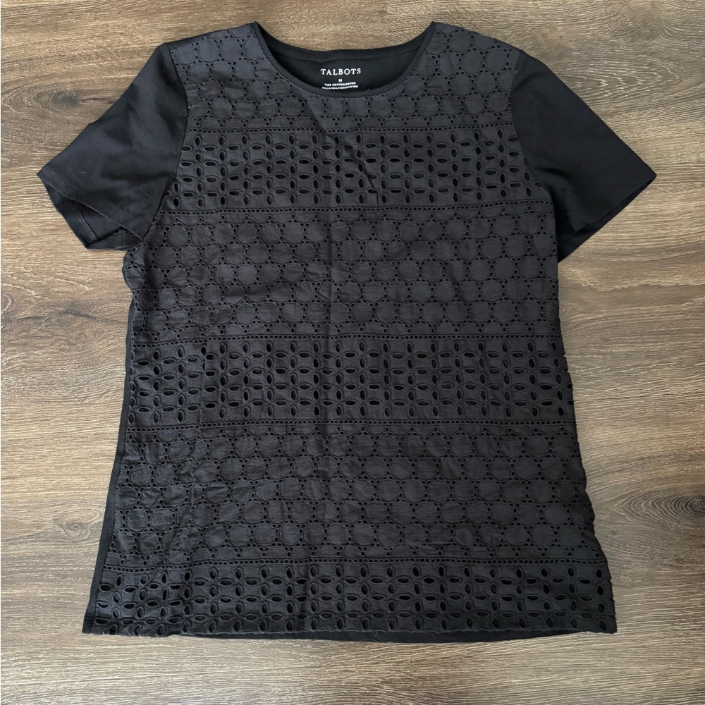 Talbots Black Short Sleeve Eyelet Top. New!